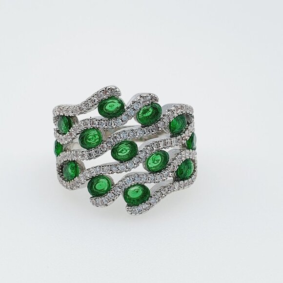925 Silver Plated Stylish Green Cubic Zirconia Diamond Ring, FB16FA1102 - Picture 4 of 4